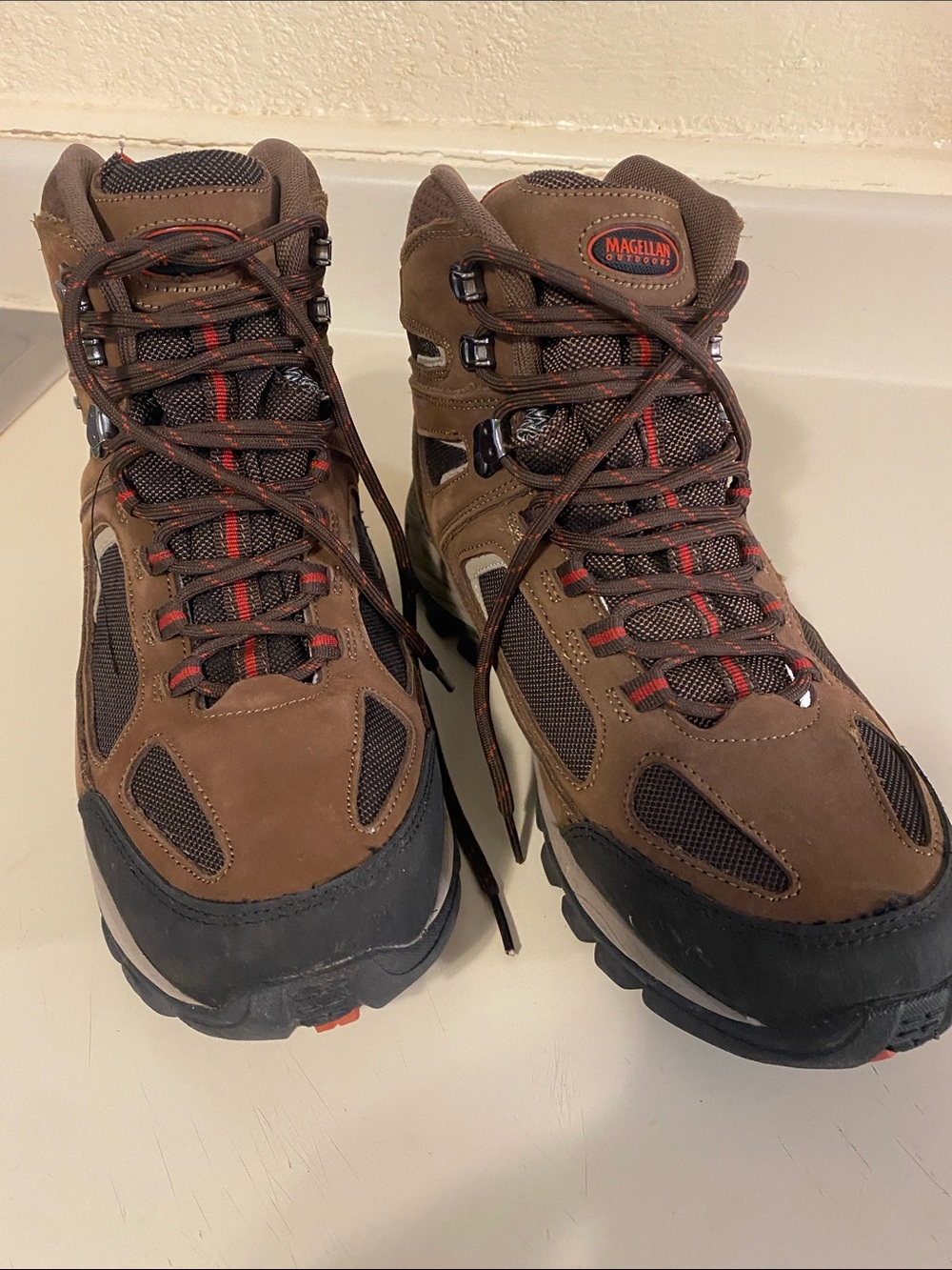 Magellan Outdoors Brown and Black Men's Hiking Boots with Red Accents